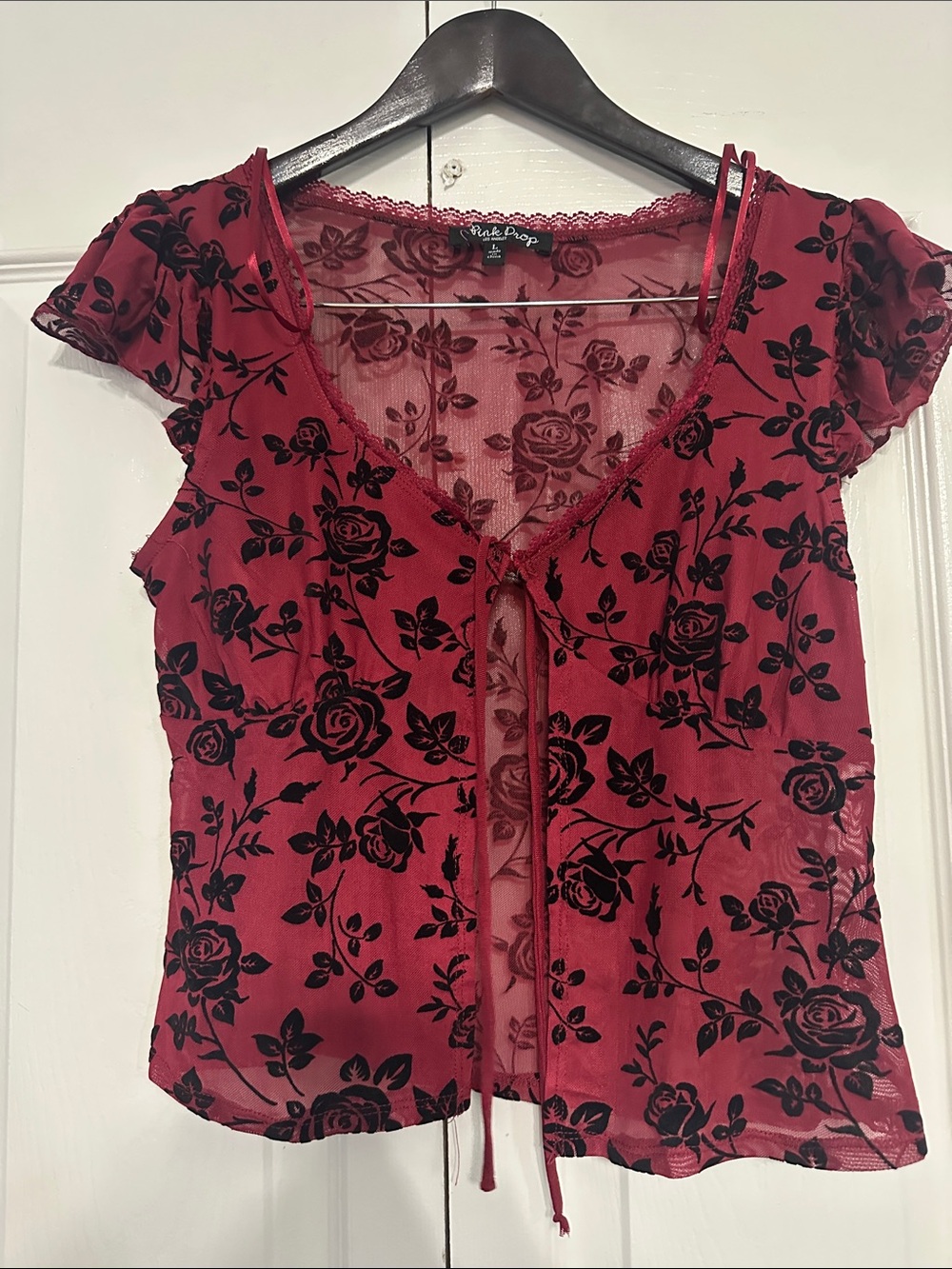 Rue21 Red Floral Mesh Tie-Front Crop Top